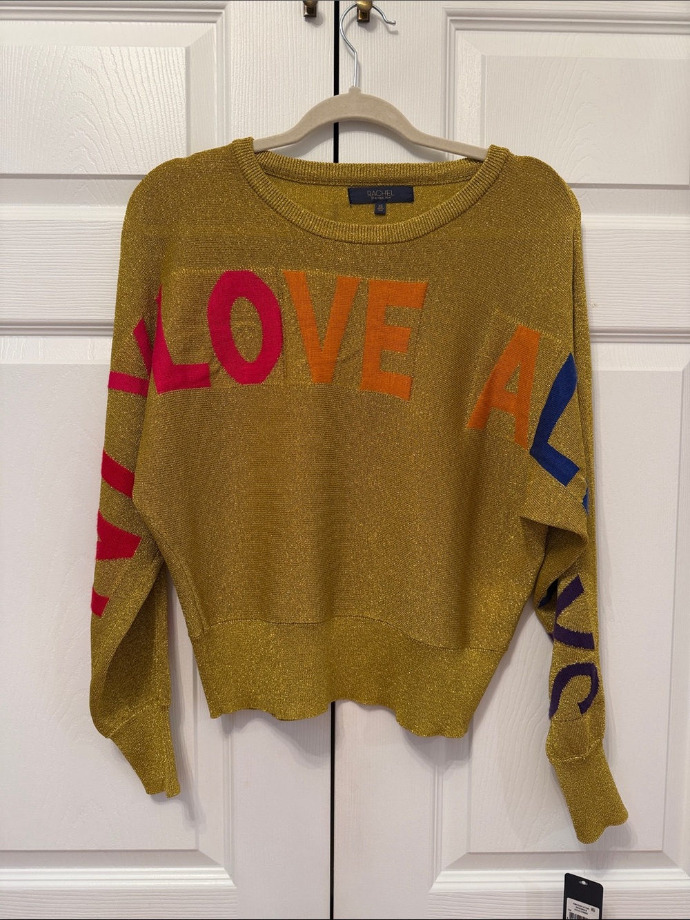 RACHEL Rachel Roy Metallic Gold Crewneck Sweater with Multicolor LOVE Letters